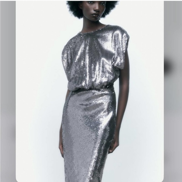 Zara SEQUIN SILVER LONG  DRESS GOWN Size S - Picture 14 of 16